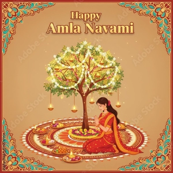 Fototapeta Woman praying at decorated amla tree with offerings for Amla Navami festival image