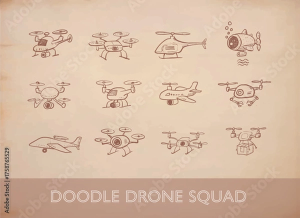 Fototapeta Childlike rough vector doodles of various drones on vintage background. Delivery, underwater, quadcopter, helicopter, airplane, and spy drones