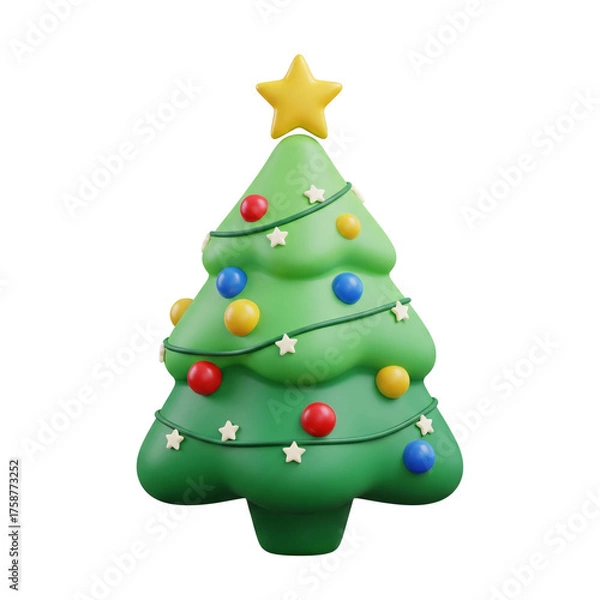 Fototapeta Vibrant 3D Christmas tree with colorful ornaments and a golden star, perfect for festive holiday designs and digital assets. Isolated on a transparent background.