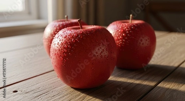 Fototapeta Three Red Apples on a Wooden Table in Natural Light.