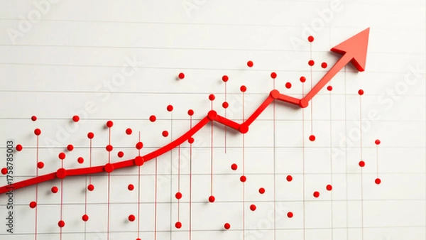 Fototapeta Rising trend in data visualization with upward arrow and red dots