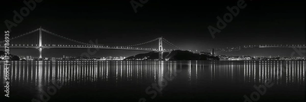 Obraz Illustration of black and white panorama of a bridge at night reflecting in the water