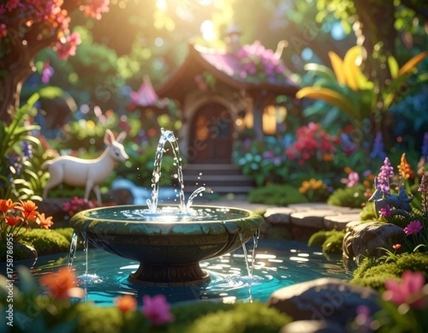 Obraz Bajkowa kraina fontanna w 3D