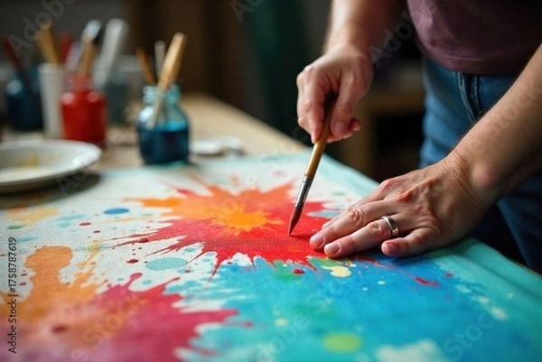 Fototapeta Artist Taking a Break Cleaning Paintbrushes and Spilled Paint on Drop Cloth After Painting Session