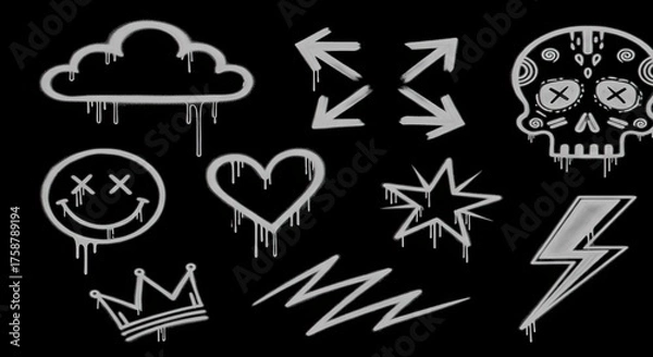 Fototapeta Graffiti style icons set cloud skull heart star lightning bolt crown smiley face symbols
