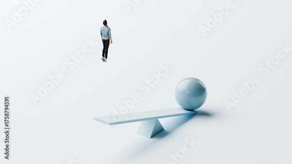 Fototapeta Man catapulted upward from seesaw by large ball, gaining higher perspective broad vision and strategic overview, surreal concept, 3d render