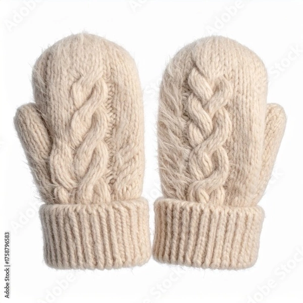Fototapeta Two Ivory Knitted Wool Mittens with Cable Pattern on White Background