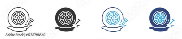 Obraz Punctured Tire icon set, flat tire icon, vector illustration.