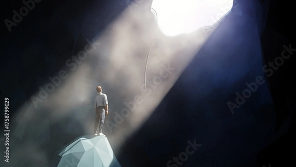 Fototapeta Man stuck in dark hole looking up at rope from sky opening, seeking help rescue and way out of darkness, surreal concept, 3d render