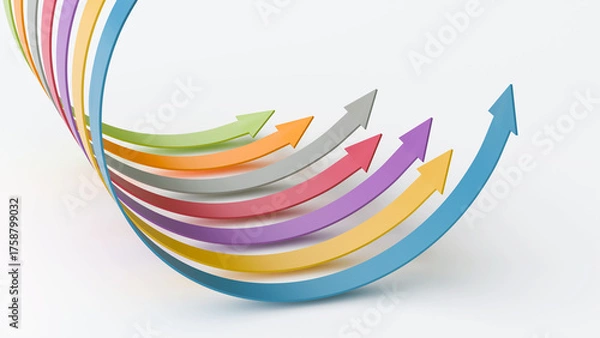 Fototapeta Seven arrows competing on rounded circular path, business competition race challenge and strategic advancement corporate concept, 3d render