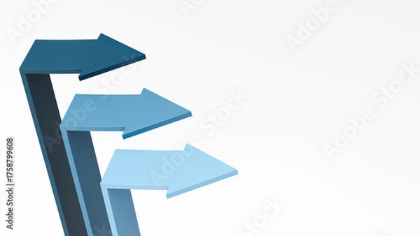 Fototapeta Three arrows pointing up and forward with copy space, growth progress success advancement and future direction business concept, 3d render