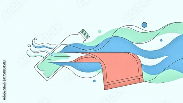 Fototapeta Sports drink next to towel,  Minimalist illustration of a water bottle and towel with flowing lines in green and blue tones , copy space