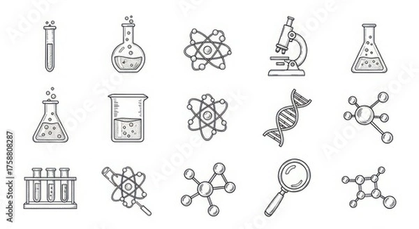 Fototapeta Drawn science icons for education and research featuring chemistry lab equipment and molecular structures for digital projects