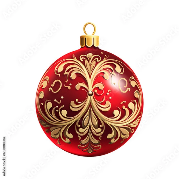 Fototapeta Red christmas ornament with gold filigree design isolated on transparent background
