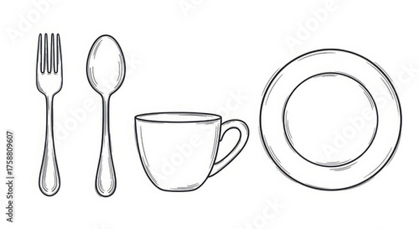 Fototapeta Simple line drawing of a complete place setting with fork spoon cup and plate essential kitchenware and dining utensils for every meal