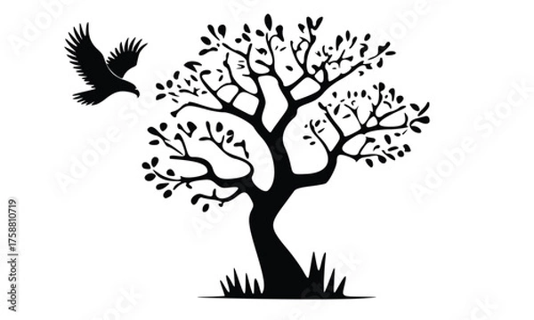 Fototapeta This set of vector tree silhouettes features black illustrations of the whole plant, including the trunk, branches, leaves, and roots, perfect for a nature design