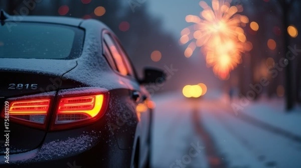 Fototapeta Happy New Year sign on car with snow and. Fireworks in background, celebrating new year. 2026, 2027. 