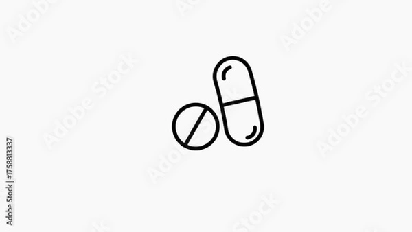 Obraz Outline icon of a round pill and a capsule pill on a white background Keywords: pill, capsule, medicine, health, medical, drug, pharmaceutical, treatment, healthcare, icon, symbol, outline, line