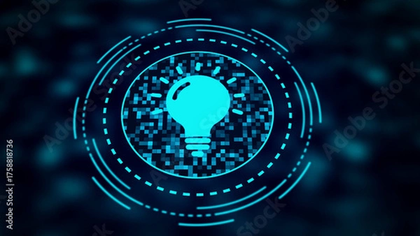 Obraz Digital Light Bulb Icon with Glowing Filaments and Futuristic HUD Elements on Dark Blurred Background