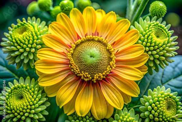 Obraz Captivating close-up of a brilliant yellow flower with lush green buds, showcasing the intricate beauty and vibrant colors of blooming nature, perfect for spring and garden themes