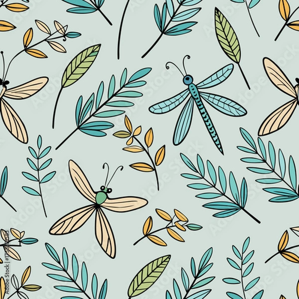 Obraz Whimsical seamless pattern featuring stylized dragonflies and delicate botanical branches in soft pastel colors