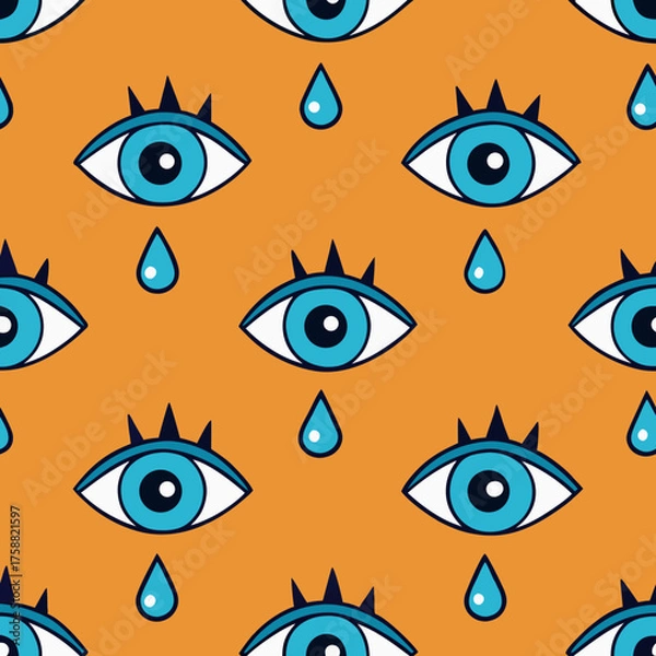 Fototapeta Seamless pattern of stylized blue eyes with black eyelashes and falling tears on an orange background