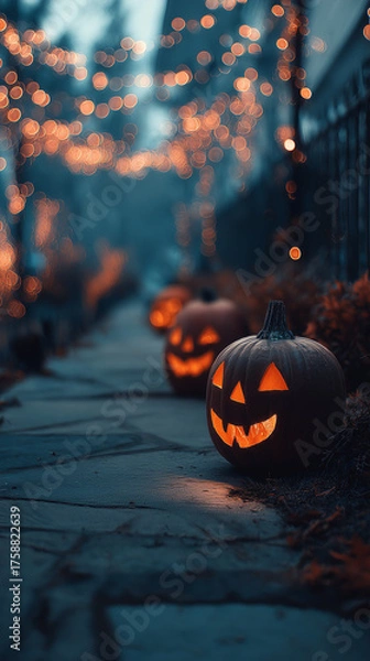 Fototapeta Halloween holiday jack-o-lantern orange pumpkins in a row on path in neighborhood town mobile vertical format bokeh background seasaonal backdrop autumn season dark at night sun setting light blue