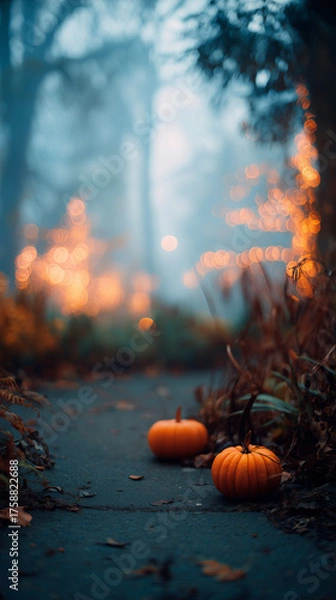 Fototapeta halloween orange pumpkin decorations on that ground on sidewalk path bokeh lights at night mobile background vertical format holiday seasonal backdrop autumn October
