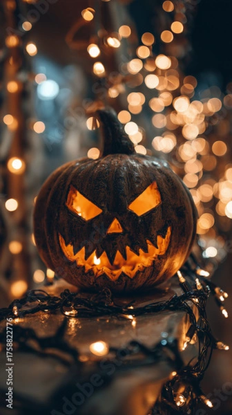 Fototapeta halloween jack o lantern on dark background orange gold bokeh lights vertical mobile background format backdrop spooky holiday seasonal autumn scary glowing pumpkin