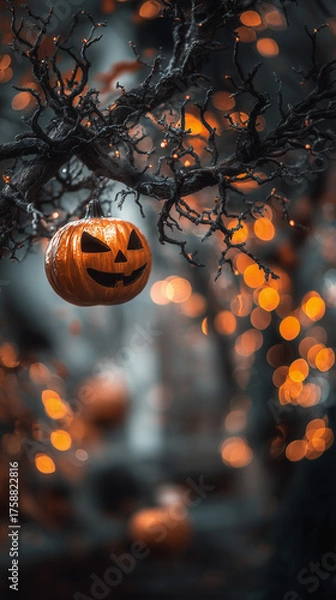 Fototapeta closeup of halloween jack o lantern ornament hanging from a tree orange bokeh dark spooky vertical format mobile background backdrop