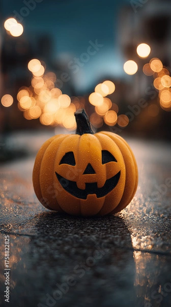 Fototapeta Halloween holiday jack-o-lantern orange pumpkin on the road in city mobile vertical format bokeh background seasaonal backdrop autumn season dark at night sun setting light