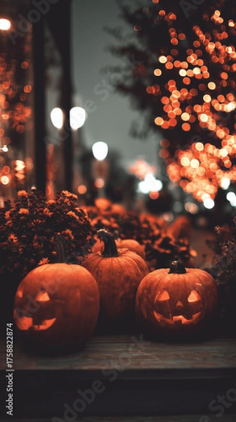Fototapeta cluster of Halloween holiday jack-o-lantern orange pumpkins in neighborhood town mobile vertical format bokeh background seasaonal backdrop autumn season dark at night sun setting light blue