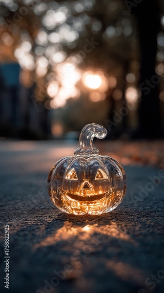 Fototapeta glowing glass Halloween holiday jack-o-lantern pumpkin on the road in the forest mobile vertical format bokeh background seasaonal backdrop autumn season dark at night sun setting light