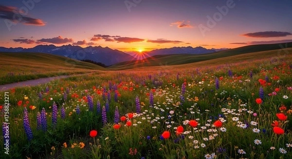 Obraz A vibrant meadow bursts with colorful wildflowers under a stunning sunset sky, framed by rolling hills and distant mountains.
