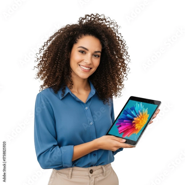 Fototapeta Illustration of woman holding tablet isolated on transparent background