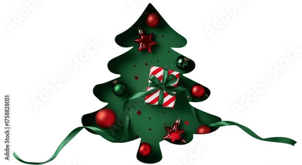 Fototapeta Decorative Green Christmas Tree with Ornaments on Transparent Background