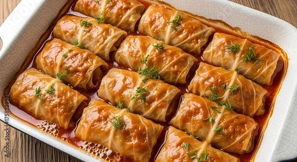 Fototapeta Several cabbage rolls are arranged in a baking dish, glistening with a savory sauce.