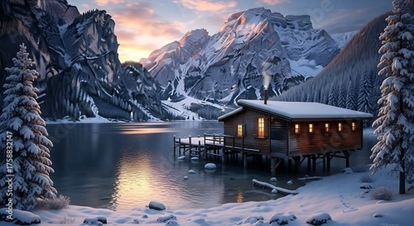 Fototapeta A serene winter cabin nestled on a snow-covered lakeshore, bathed in the warm glow of a sunrise, amidst majestic snow-capped mountains.