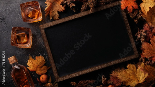 Fototapeta Autumn whiskey drinks with empty board and autumn leaves