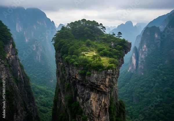 Fototapeta A dramatic landscape showcases a secluded island peak rising above a deep gorge, draped in lush greenery, bathed in soft, diffused light.