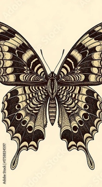 Fototapeta A detailed illustration of a butterfly, showcasing intricate wing patterns and delicate lines, rendered in a vintage style against a neutral backdrop.