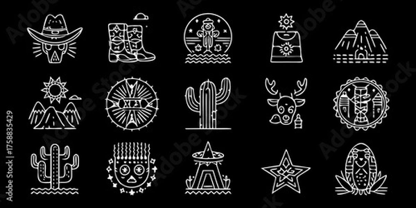 Fototapeta Collection of stylized western and desert themed icons in white outline on black background
