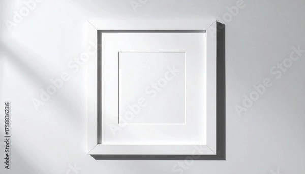 Fototapeta Minimalist white square frame on a light gray wall with soft shadows, emphasizing geometric simplicity and spatial depth.