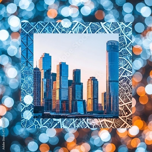 Fototapeta A modern cityscape framed by intricate leaf patterns, bathed in a soft sunset glow and vibrant bokeh.
