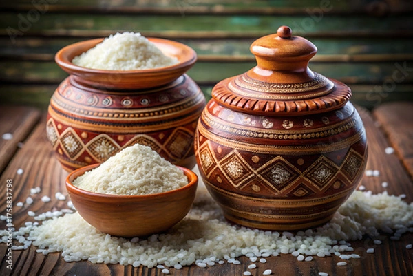 Obraz Beautifully crafted ceramic containers brimming with fluffy white rice, a culinary delight for cooking and serving