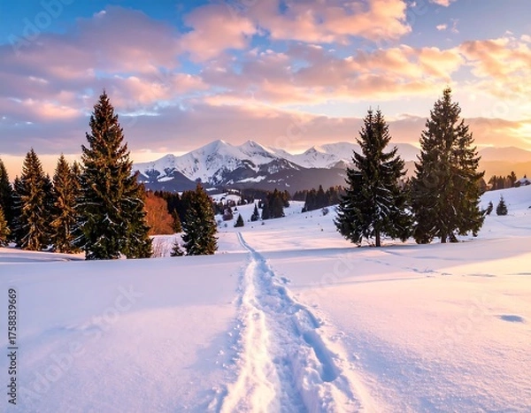 Fototapeta Snowy trail winds through forest toward majestic, snow-capped mountains at dusk