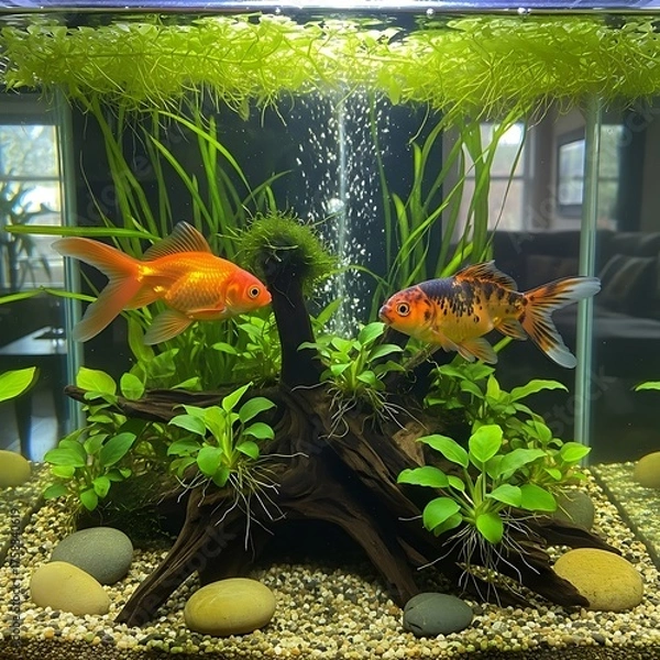 Fototapeta Two vibrant goldfish swim within a planted aquarium, showcasing a tranquil aquatic scene.