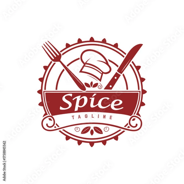 Fototapeta Culinary emblem featuring utensils chef hat and spice tagline design