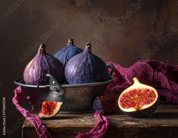 Fototapeta Still-life of ripe figs in a metallic bowl, next to cut fruit