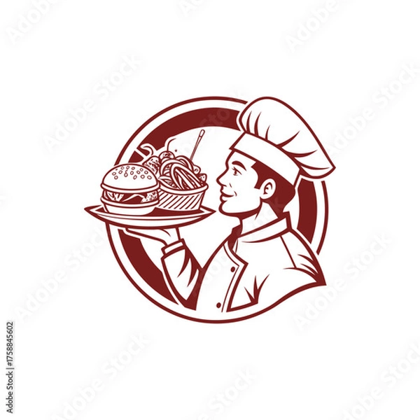 Fototapeta A smiling chef presenting a tray of burger fries and a delicious meal